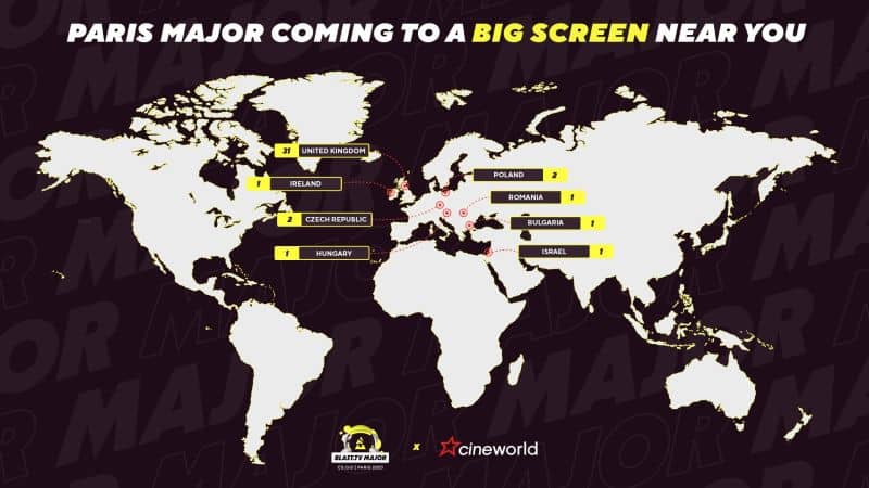 A world map marking the cinemas in each of the eight countries